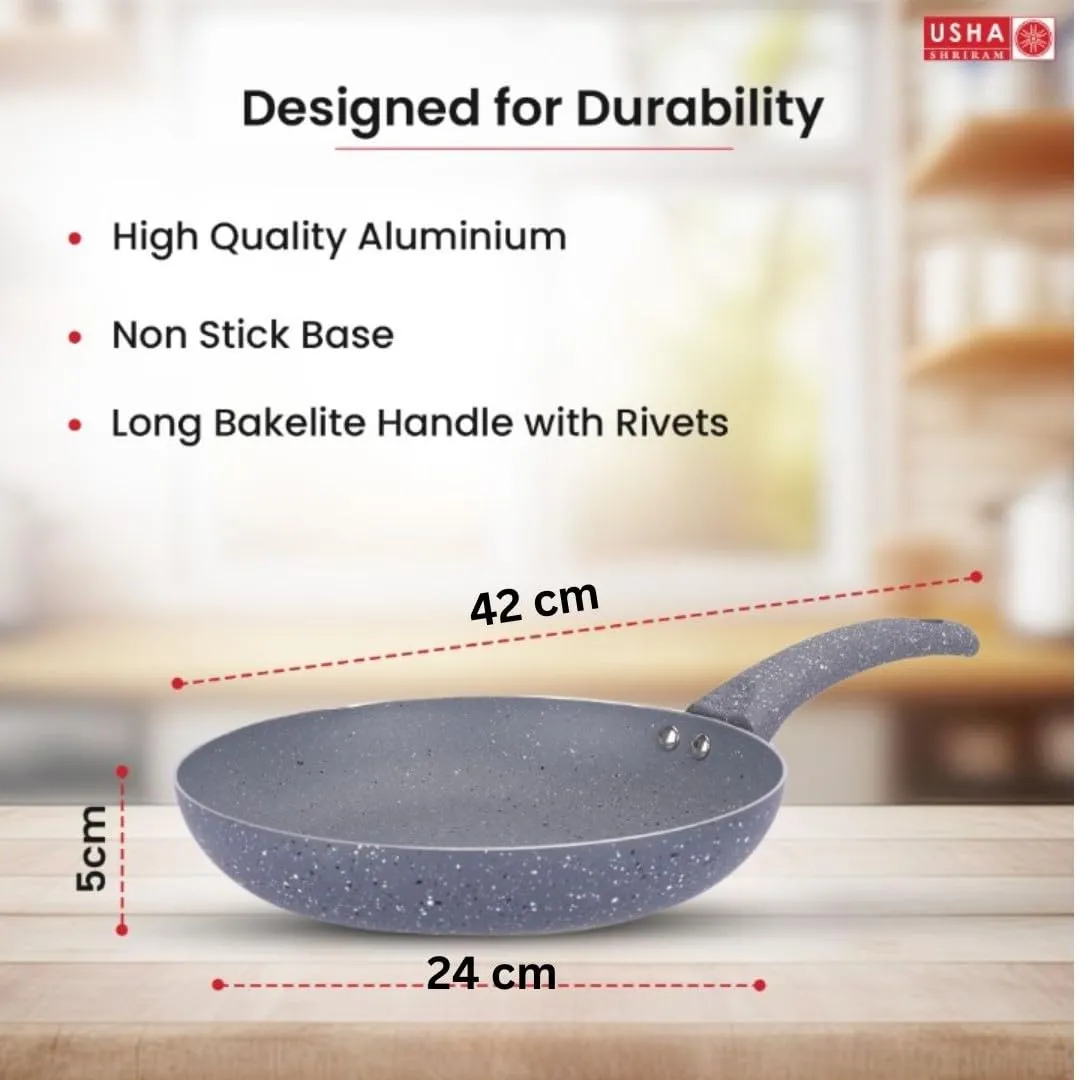 USHA SHRIRAM Non Stick Frying Fry Pan | Saute Pan Gas Cookware | Deep Small Fry Pan | Minimal Oil Cooking | Easy Grip Handle | 3 Layer Non Stick Coating | Non-Toxic & Lightweight (24 cm, Grey)