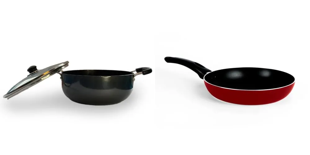 USHA SHRIRAM Non Stick Frying Pan (22cm) & Kadai with Lid (2.8L) | Stove & Induction Cookware | Minimal Oil Cooking | 3 Layer Non Stick Coating | Non-Toxic & Lightweight | Non Stick Cookware Set