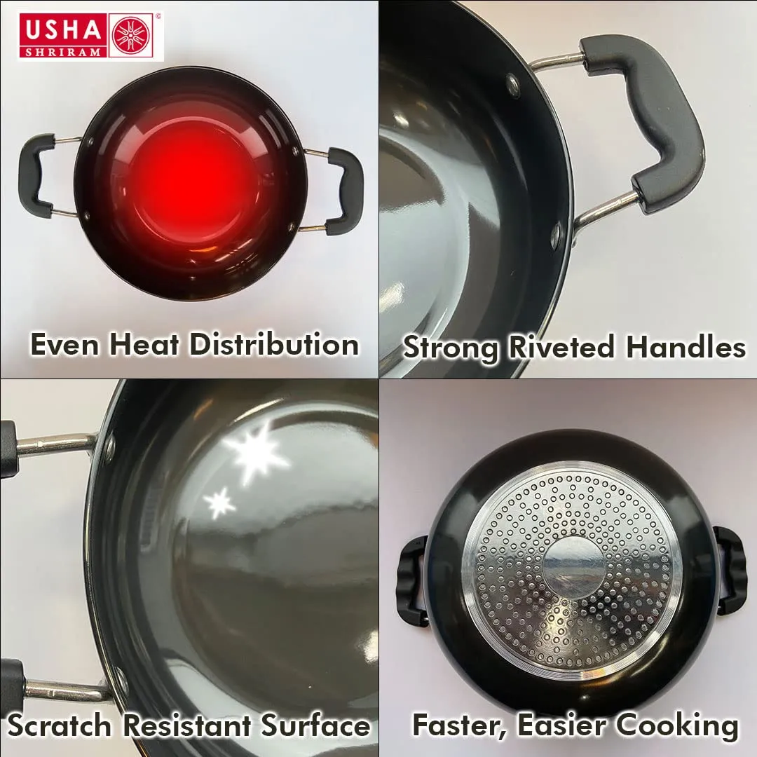 USHA SHRIRAM Non Stick Frying Pan (22cm) & Kadai with Lid (2.8L) | Stove & Induction Cookware | Minimal Oil Cooking | 3 Layer Non Stick Coating | Non-Toxic & Lightweight | Non Stick Cookware Set