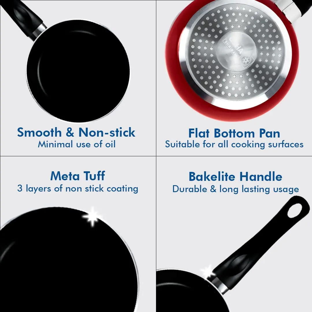 USHA SHRIRAM Non Stick Frying Pan (22cm) & Kadai with Lid (2.8L) | Stove & Induction Cookware | Minimal Oil Cooking | 3 Layer Non Stick Coating | Non-Toxic & Lightweight | Non Stick Cookware Set