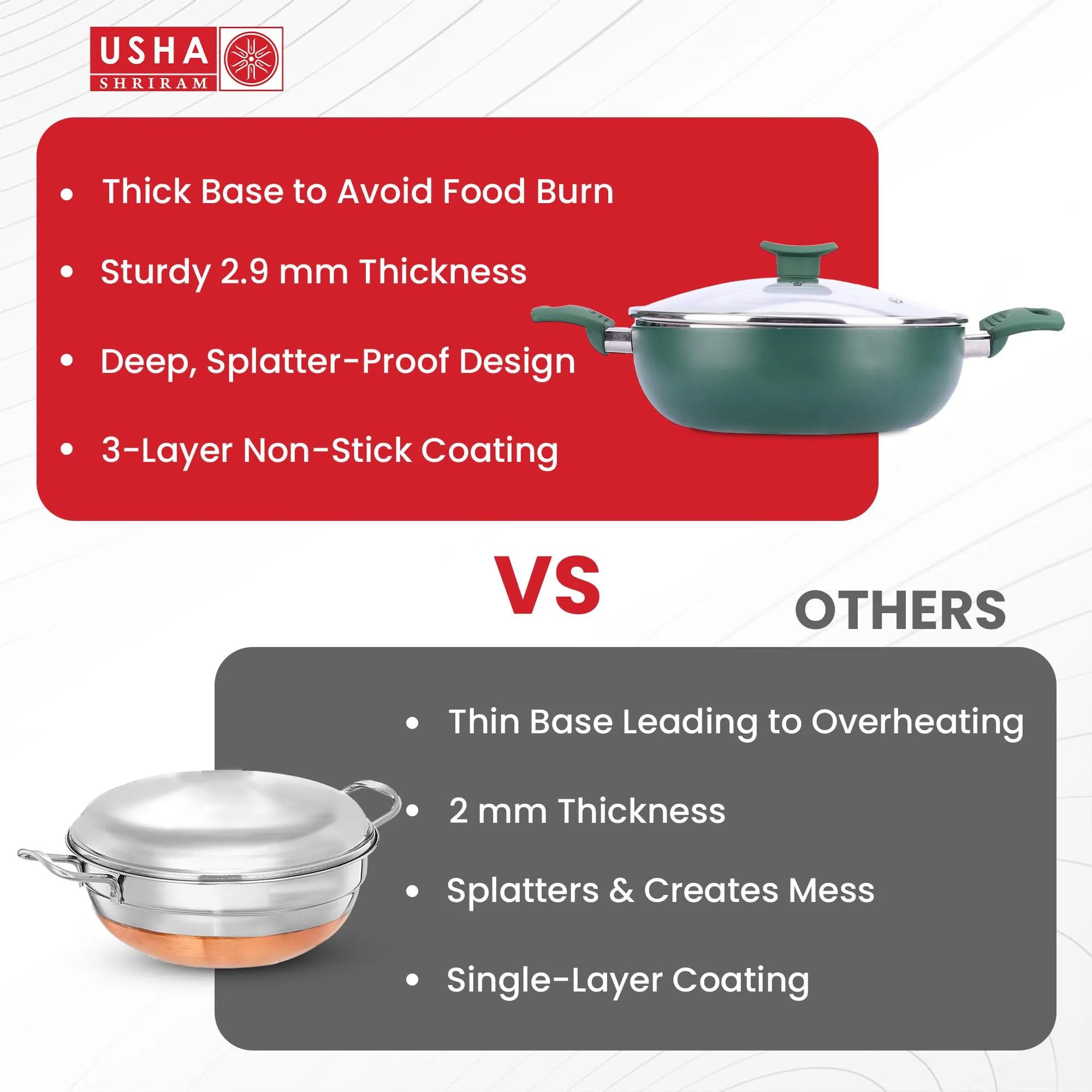 USHA SHRIRAM Non Stick Kadai with Lid | 26 cm Diameter | 3.6 L Capacity | Stove Cookware | Heat Surround Cooking | Aluminium Kadai with Lid | Deep Base Kadai | Deep Fry Kadai