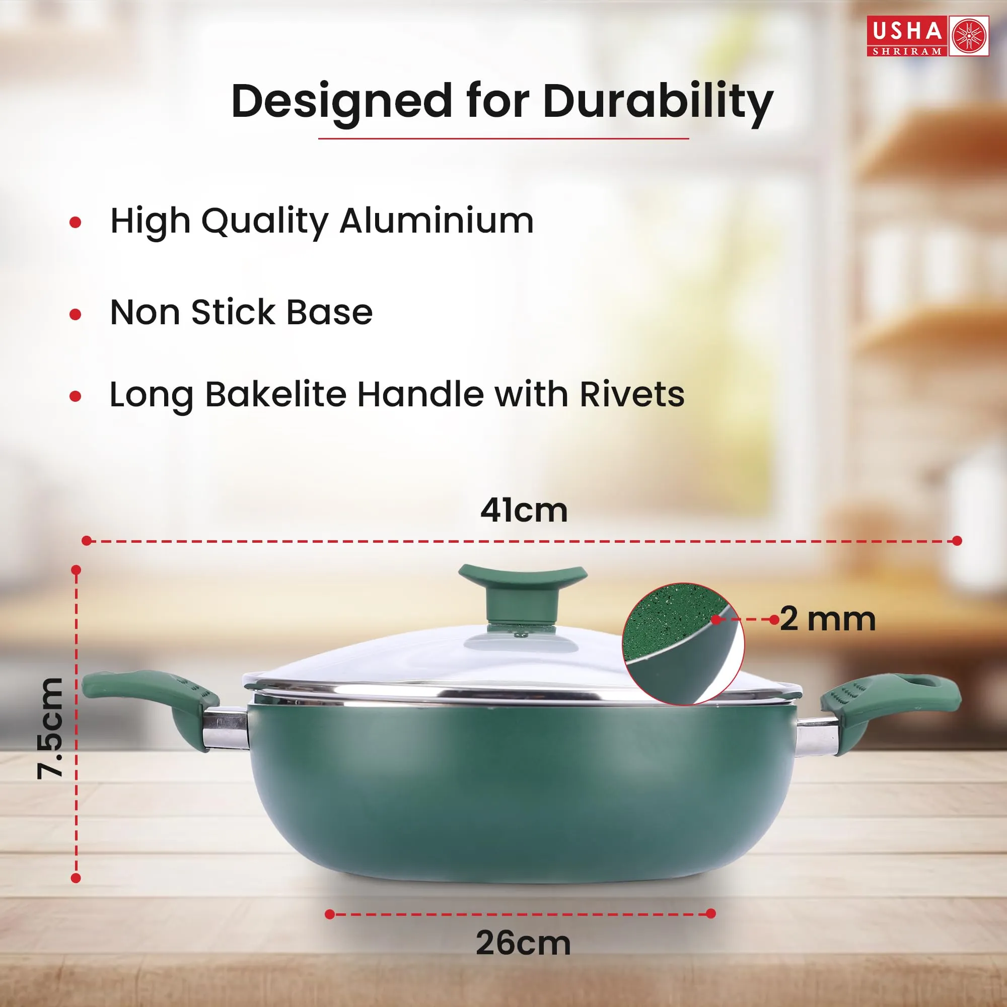 USHA SHRIRAM Non Stick Kadai with Lid | 26 cm Diameter | 3.6 L Capacity | Stove Cookware | Heat Surround Cooking | Aluminium Kadai with Lid | Deep Base Kadai | Deep Fry Kadai