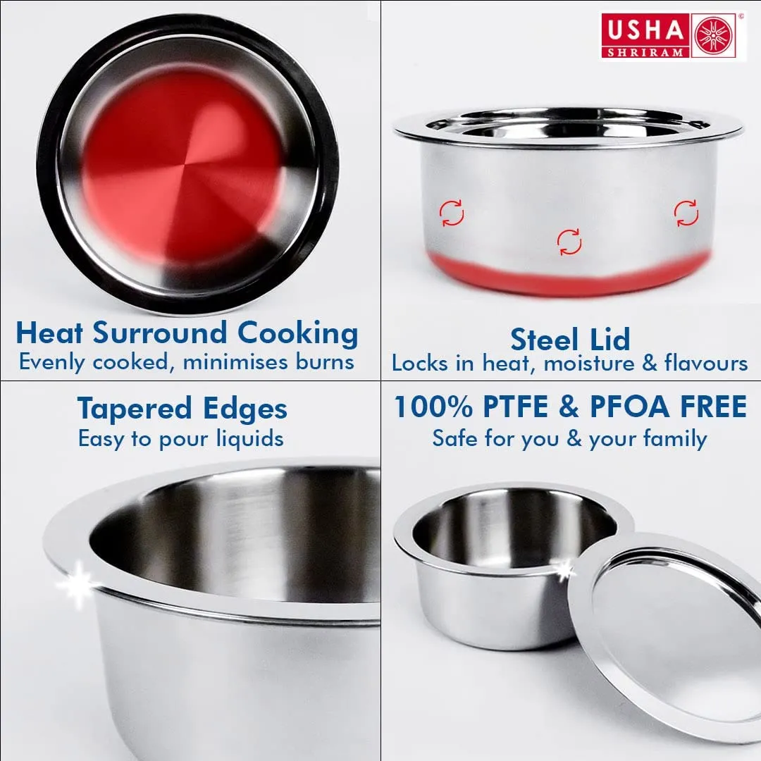 USHA SHRIRAM Stainless Steel Tope (Patila) with Lid (5L) | Big Handi Casserole with lid | Large Steel Patila | Gas Stove & Induction Cookware | Stainless Steel Cookware