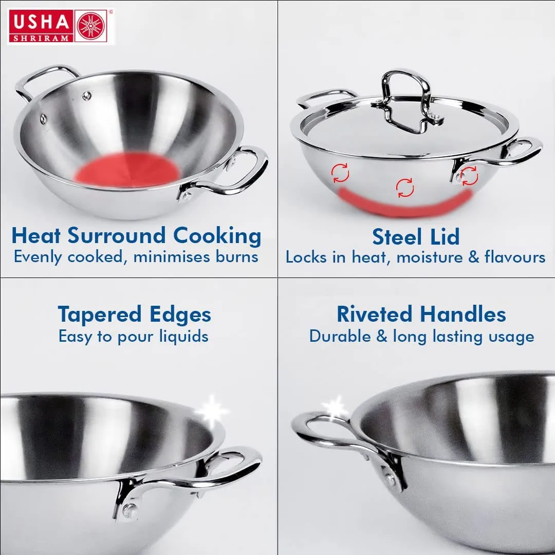 USHA Shriram Triply Stainless Steel Kadai with Lid | Stove & Induction Cookware | Heat Surround Cooking | Triply Stainless Steel cookware (Cookware Set - 3Pcs)