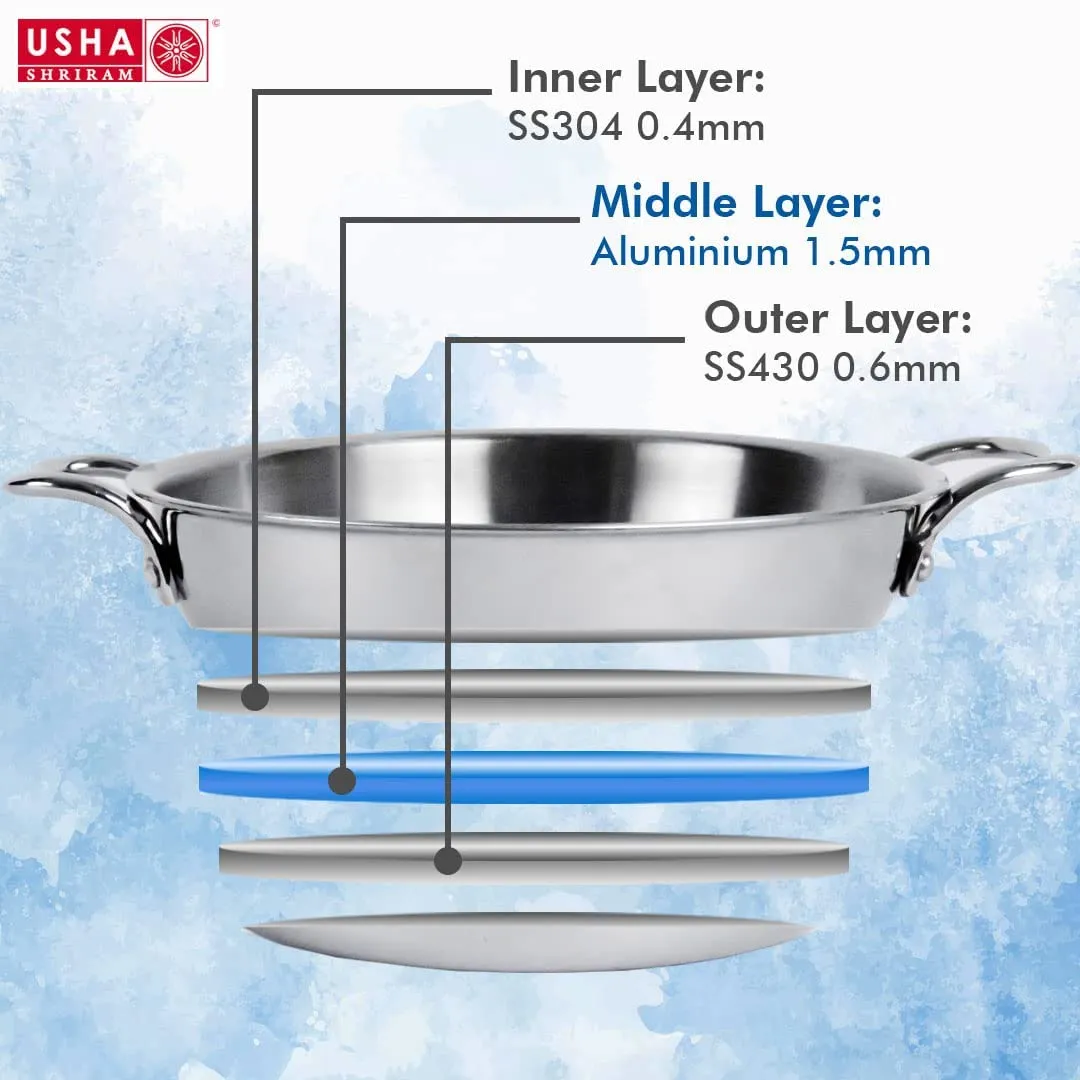 USHA Shriram Triply Stainless Steel Kadai with Lid | Stove & Induction Cookware | Heat Surround Cooking | Triply Stainless Steel cookware (Cookware Set - 3Pcs)