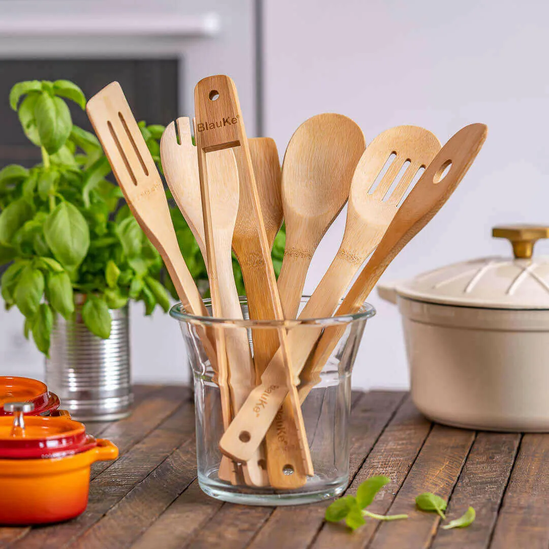 Wooden Spoons for Cooking 7-Pack - Bamboo Kitchen Utensils Set