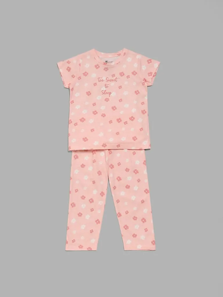 Wunderlove Floral Printed Peach Pyjamas Set In A Bag